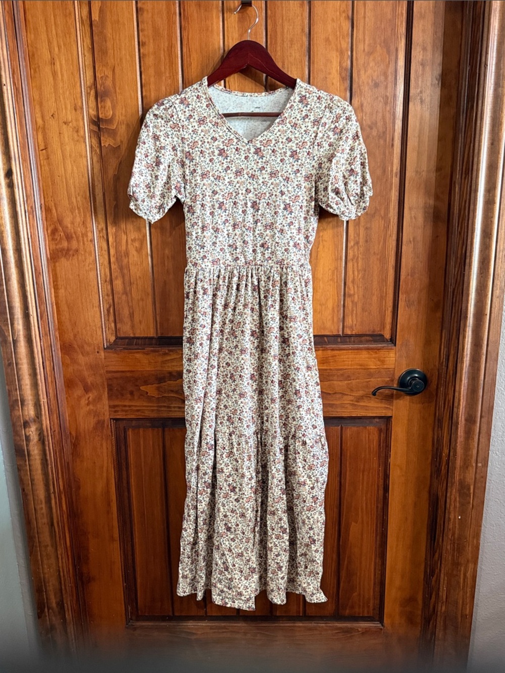 Floral V-Neck Maxi Dress in Cream with Red Blooms